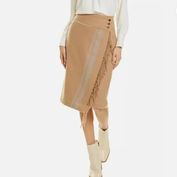 J. McLaughlin Dresses & Skirts - J Mclaughlin Womens Ines Skirt 6 Wool Tan Pencil‎ Wrap Fringe Lined Knee Modest